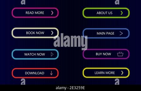 Modern neon glowing shop buttons on dark gtradient background. Buy now, watch now, learn more, download and read more in neon. Vector illustration Stock Vector
