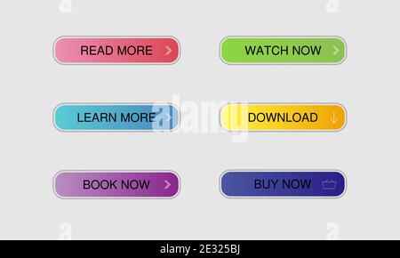 Modern glowing shop buttons on light background. Buy now, watch now, learn more, download and read more in neon. Vector illustration  for web site. Stock Vector