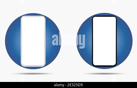 Phone mockup with white and black frame. Smartphone screen on blue circle background. Modern template. Vector illustration Stock Vector