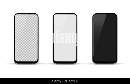 Smartphone mockups with white, black and transparent screen. Realistic device template. Gadget design. Isolated vector illustration. Stock Vector