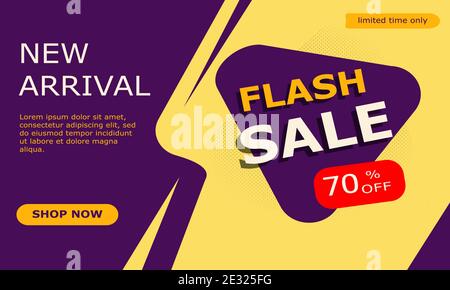 Flash sale discount 70 % banner. Modern template for business promotion, social media, post. Limited time only. New arrival. Vector illustration. Stock Vector