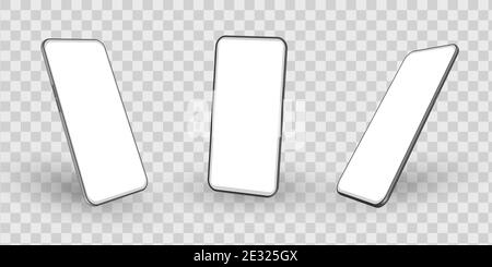 Smartphone mockup in rotated position on transparent background. Mobile from different angles with blank screen. Template for presentation 3D real. Stock Vector