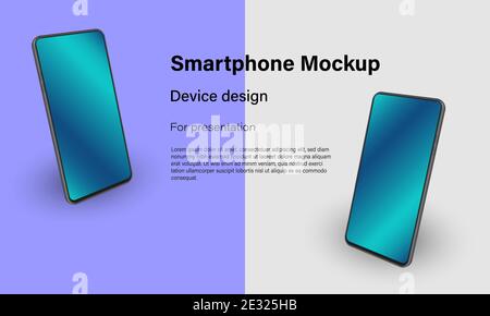 Smartphone mock up in rotated position on background. Two phone with screens in gradient color. Isometric vector illustration for device presentation. Stock Vector