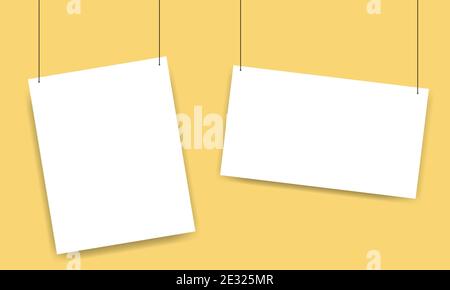 A4 paper sheets hanging on a rope. Mockup of isolated empty white cards. Paper gallery. Vector illustration on yellow background. Stock Vector