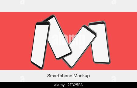 Smartphone mockup in rotated position on red background. Mobile from different angles with blank screen. Template for presentation 3D realistic device. Stock Vector