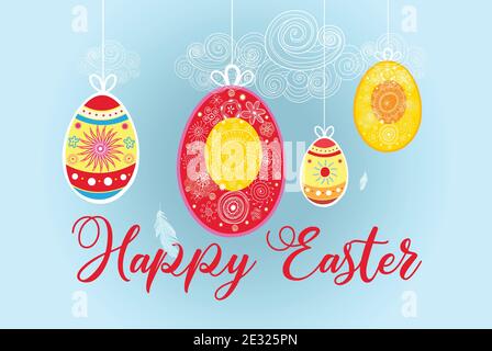 Festive spring card for Easter with eggs and abstractions. Bright Easter card for a website or banner Stock Vector