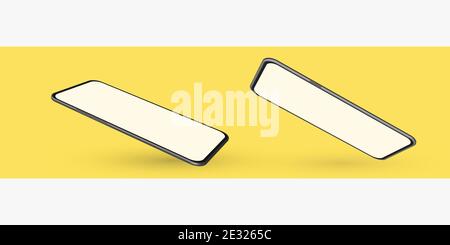 Smartphone mockup in rotated position on yellow background. Mobile from different angles with blank screen. Vector illustration Stock Vector