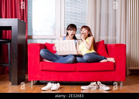 Portrait of two female friends using laptop high quality photo Stock Photo