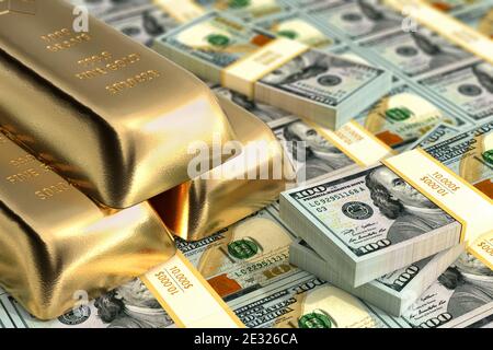 100 Dollar banknotes and Gold bars - 3D Rendering
