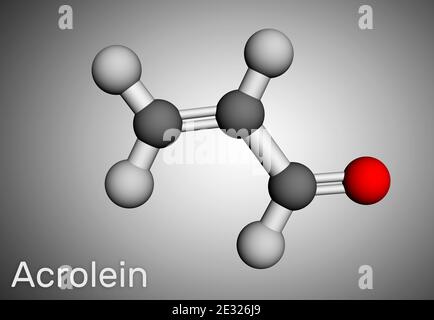 Acrolein, propenal, unsaturated aldehyde molecule. It is used as a pesticide and to make other chemicals. Molecular model. 3D rendering Stock Photo
