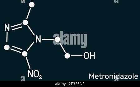 Metronidazole, antiprotozoal medication molecule. It is antibiotic, belonging to the nitroimidazole class of antibiotics. Skeletal chemical formula on Stock Photo