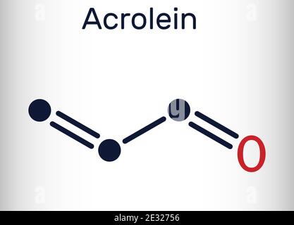 Acrolein, propenal, unsaturated aldehyde molecule. It is used as a pesticide and to make other chemicals. Skeletal chemical formula Stock Vector