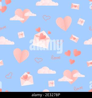 Valentine's Day background. Seamless vector pattern with pink hearts, gifts, clouds, envelopes on light blue background Stock Vector