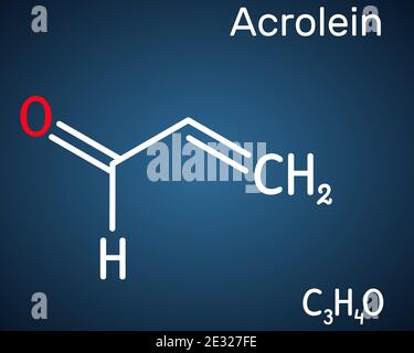 Acrolein, propenal, unsaturated aldehyde molecule. It is used as a pesticide and to make other chemicals. Structural chemical formula on the dark blue Stock Vector
