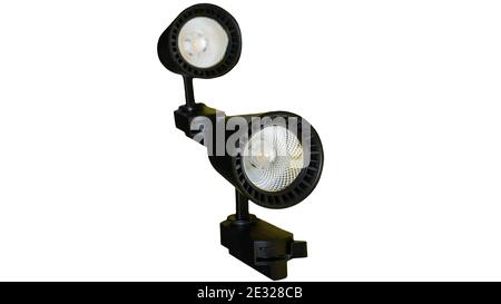 Pair of LED bulbs on an isolated white background, black modern bulbs, track light Stock Photo