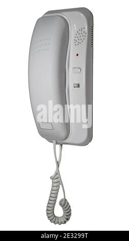 Intercom is isolated on a white background close-up, a white telephone set, radio communication. Stock Photo