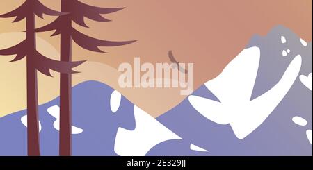 Nature with snowy mountains. Coniferous trees. Beautiful scenic landscape. Vector illustration. Stock Vector