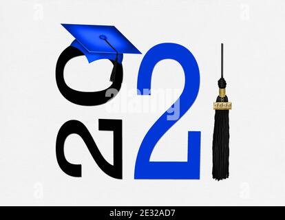 blue graduation cap with black tassel for the class of 2021 isolated on white background Stock Photo