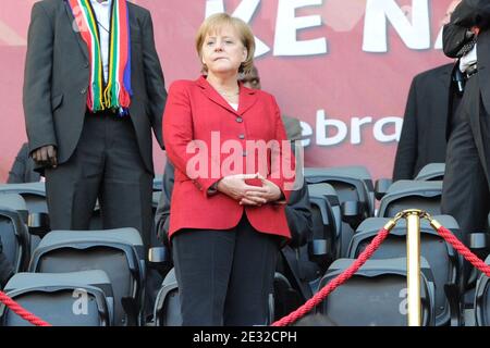 Germany's Angela Merkel during the 2010 FIFA World Cup South Africa 1/4 of final Soccer match, Argentina vs Germany at Green Point football stadium in Johannesburg, South Africa on July 3rd, 2010. Germany won 4-0. Photo by Henri Szwarc/ABACAPRESS.COM Stock Photo