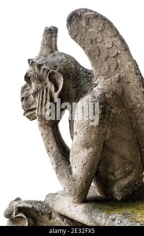 Gargoyle or chimera of Notre Dame de Paris isolated on white background, France. Gargoyles of this cathedral are Gothic landmark in Paris. Famous stat Stock Photo