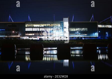 Leicester, Leicestershire, UK 16th Jan 2021. UK. A General view of King Power Stadium, home of Leicester City Football Club reflected in the Grand Union Canal. Alex Hannam/Alamy Live News Stock Photo