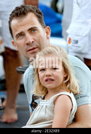 Spanish Crown Prince Felipe and his daughter Princess Sofia on the second day of the 29th edition of the Sailing King's Cup (Copa del Rey) on Mallorca Island, Spain on August 4, 2010. Photo by Almagro/ABACAPRESS.COM Stock Photo
