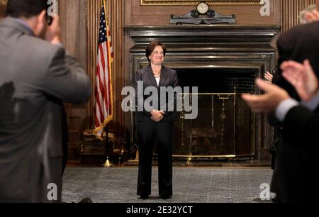 Elena Kagan smiles after she was sworn in as the Supreme Court's newest member by Chief Justice John Roberts at the Supreme Court Building in Washington, DC, USA, on Saturday, Aug. 7, 2010. Kagan, 50, who replaces retired Justice John Paul Stevens, becomes the fourth woman to sit on the high court and is the first Supreme Court justice in nearly four decades with no previous experience as a judge. Pool Photo By J. Scott Applewhite/ABACAPRESS.COM Stock Photo