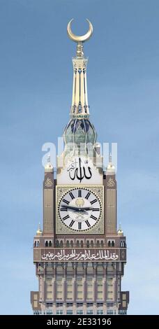A computer image of what would be the world's largest clock, looking over the Great Mosque in Moslem holy city of Mecca, Saudi Arabia, as it starts a test ticking period on August 10, 2010 on the first day of the fasting month of Ramadan. Saudi Arabia authorities hope the new clock will establish Mecca as an alternate time standard to the current Greenwich 'universal time'. Photo by Balkis Press/ABACAPRESS.COM Stock Photo