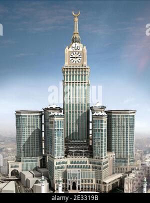 A computer image of what would be the world's largest clock, looking over the Great Mosque in Moslem holy city of Mecca, Saudi Arabia, as it starts a test ticking period on August 10, 2010 on the first day of the fasting month of Ramadan. Saudi Arabia authorities hope the new clock will establish Mecca as an alternate time standard to the current Greenwich 'universal time'. Photo by Balkis Press/ABACAPRESS.COM Stock Photo