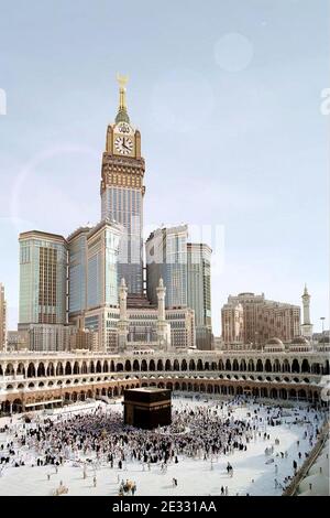A computer image of what would be the world's largest clock, looking over the Great Mosque in Moslem holy city of Mecca, Saudi Arabia, as it starts a test ticking period on August 10, 2010 on the first day of the fasting month of Ramadan. Saudi Arabia authorities hope the new clock will establish Mecca as an alternate time standard to the current Greenwich 'universal time'. Photo by Balkis Press/ABACAPRESS.COM Stock Photo