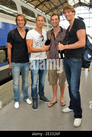 (From L to R) French swimmers and European medalists Fabien Gilot, Frederick Bousquet, William Meynard and Camille Lacourt pose at Marseille Saint-Charles train station in Marseille, France on August 17, 2010 as they arrive from the European swimming championships in Budapest. France won 23 medals including 8 gold, 8 silver and 7 bronze and ranked first, in front of Russia and Germany. Photo by Jeremy Charriau/ABACAPRESS.COM Stock Photo
