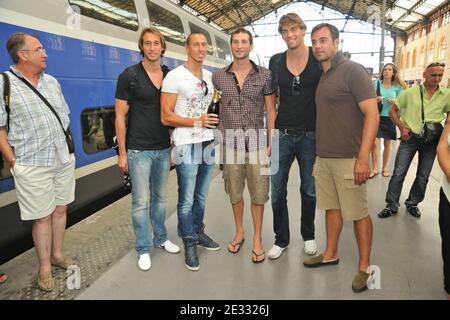 (From L to R) French swimmers and European medalists Fabien Gilot, Frederick Bousquet, William Meynard and Camille Lacourt pose at Marseille Saint-Charles train station in Marseille, France on August 17, 2010 as they arrive from the European swimming championships in Budapest. France won 23 medals including 8 gold, 8 silver and 7 bronze and ranked first, in front of Russia and Germany. Photo by Jeremy Charriau/ABACAPRESS.COM Stock Photo