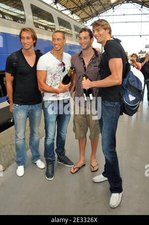 (From L to R) French swimmers and European medalists Fabien Gilot, Frederick Bousquet, William Meynard and Camille Lacourt pose at Marseille Saint-Charles train station in Marseille, France on August 17, 2010 as they arrive from the European swimming championships in Budapest. France won 23 medals including 8 gold, 8 silver and 7 bronze and ranked first, in front of Russia and Germany. Photo by Jeremy Charriau/ABACAPRESS.COM Stock Photo