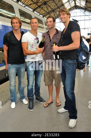 (From L to R) French swimmers and European medalists Fabien Gilot, Frederick Bousquet, William Meynard and Camille Lacourt pose at Marseille Saint-Charles train station in Marseille, France on August 17, 2010 as they arrive from the European swimming championships in Budapest. France won 23 medals including 8 gold, 8 silver and 7 bronze and ranked first, in front of Russia and Germany. Photo by Jeremy Charriau/ABACAPRESS.COM Stock Photo