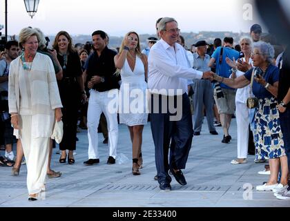 King Constantine of Greece, Queen Anne-Marie, Princess Alexia and her husband Carlos Morales Quintana, Prince Nikolaos of Greece and fiancee Tatiana Blatnik, Prince Philipos attend a party prior to the wedding of Prince Nikolaos of Greece and Tatiana Blatnik, at the Poseidon Hotel on Spetses Island, Greece. The couple will tie the knot on August 25, 2010. Photo by Christophe Guibbaud/ABACAPRESS.COM Stock Photo