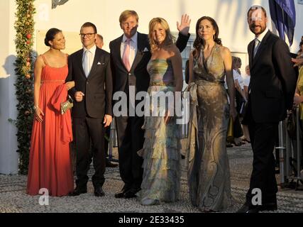 Crown Princess Victoria of Sweden, her husband Prince Daniel Westling, Crown Prince Willem-Alexander of the Netherlands, Crown Princess Maxima of the Netherlands, Crown Princess Mary of Denmark and Crown Prince Haakon of Norway attending the wedding of Prince Nikolaos of Greece and Tatiana Blatnik at the Orthodox Church of Ayios Nikolaos (Saint Nikolaos) on Spetses Island, Greece on August 25, 2010. Photo by Christophe Guibbaud/ABACAPRESS.COM Stock Photo