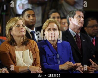 US Senator Mary Landrieu, center, becomes emotional during a speech by President Barack Obama on the fifth anniversary of Hurricane Katrina, at the Xavier University in New Orleans, LA, USA, on August 29, 2010. Also listening are U.S. Sen. David Vitter, right, and Landrieu's sister-in-law, Cheryl Landrieu, the wife of New Orleans mayor Mitch Landrieu. Photo by A.J. Sisco/UPI/ABACAPRESS.COM Stock Photo