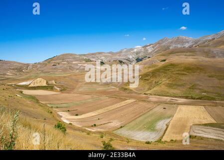 Cultivated fields near Castelluccio di Norcia, Umbria, Italy. Castelluccio is world-famous for its high quality lentils Stock Photo