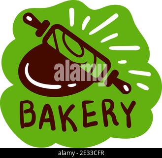 Bread and bakery product logo and icon with rolling pin. Flat Bagel and croissant and rolling pin with signs for pastry food shop. Food of dough and f Stock Vector