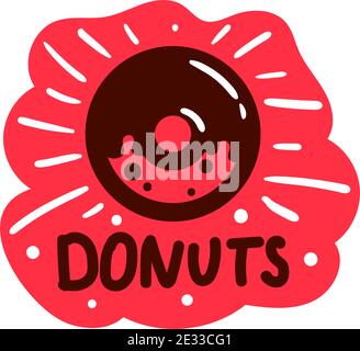 Flat dounut pink icon or label for logo and cafe menu. Vector banner design Stock Vector