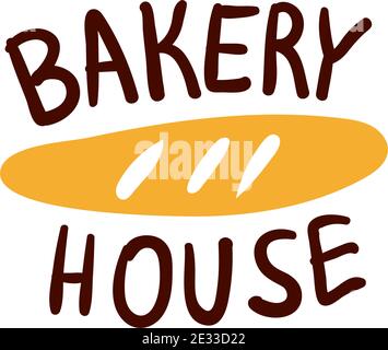 Bread and bakery house logo and icon with lettering. Flat Bagel and croissant and baguette silhouettes with signs for pastry food shop. Food of dough Stock Vector