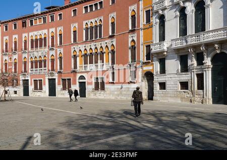 Traditional Venetian buildings on Campo San Polo square in Venice, Italy Stock Photo