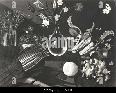 Maestro di Hartford - Vaso di fiori, alzatina con fichi, cesta con uva e  frutta su tavolo - Collezione privata Stock Photo - Alamy