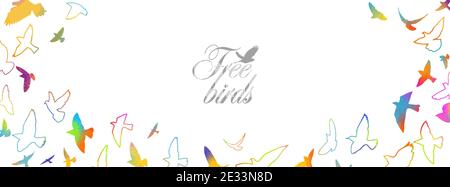 A flock of flying birds. Horizontal frame of colorful birds. Mixed media. Vector illustration Stock Vector