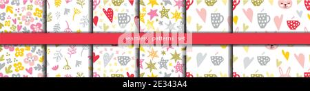 Cute Baby seamless vector patterns set. Vector background childish textile print. Cute pastel texture for invitation, invite template, card, birth par Stock Vector