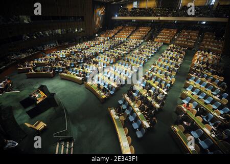 Iranian President Mahmoud Ahmadinejad addresses the 65th session of the UN General Assembly (UNGA) at United Nations headquarters in New York, City NY, USA,on September 23, 2010. Ahmadinejad tells U.N. capitalism has failed and conspiracy theories surrounding the 9-11 attacks. Photo by Mehdi Taamallah/ABACAPRESS.COM (Pictured: Mahmoud Ahmadinejad Stock Photo