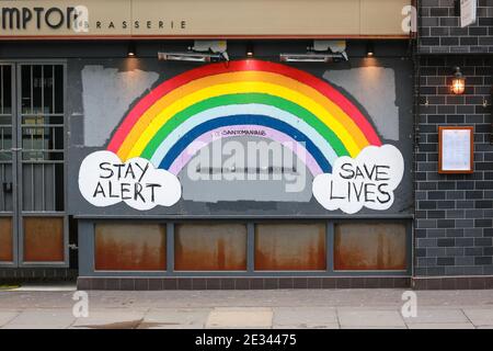 London, UK. 15 Jan 2021. Stay Alert Save Lives Rainbow Sign in Soho. Credit: Waldemar Sikora Stock Photo