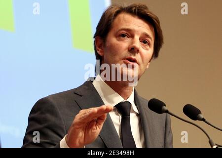 French Minister for the Budget, Public Finances and the Civil Service Francois Baroin delivers a speech during the presentation of the France 2011 Budget during a press conference at the ministry of finance in Paris, France, on September 29, 2010. Photo by Stephane Lemouton/ABACAPRESS.COM Stock Photo