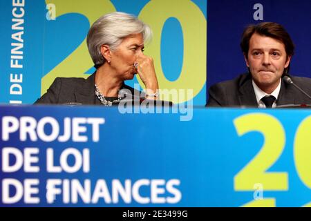 French Minister for the Economy, Finance and Employment Christine Lagarde and French Minister for the Budget, Public Finances and the Civil Service Francois Baroin present the France 2011 Budget during a press conference at the ministry of finance in Paris, France, on September 29, 2010. Photo by Stephane Lemouton/ABACAPRESS.COM Stock Photo