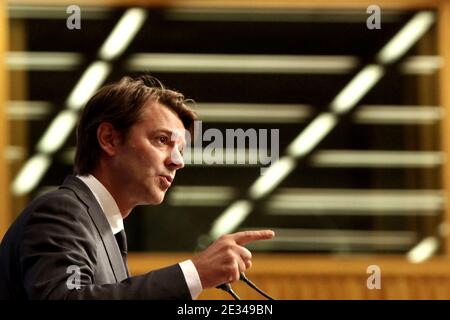 French Minister for the Budget, Public Finances and the Civil Service Francois Baroin delivers a speech during the presentation of the France 2011 Budget during a press conference at the ministry of finance in Paris, France, on September 29, 2010. Photo by Stephane Lemouton/ABACAPRESS.COM Stock Photo